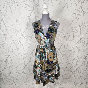 Variations Colorful Artsy Print Faux Wrap Elastic Waist Flowy Dress